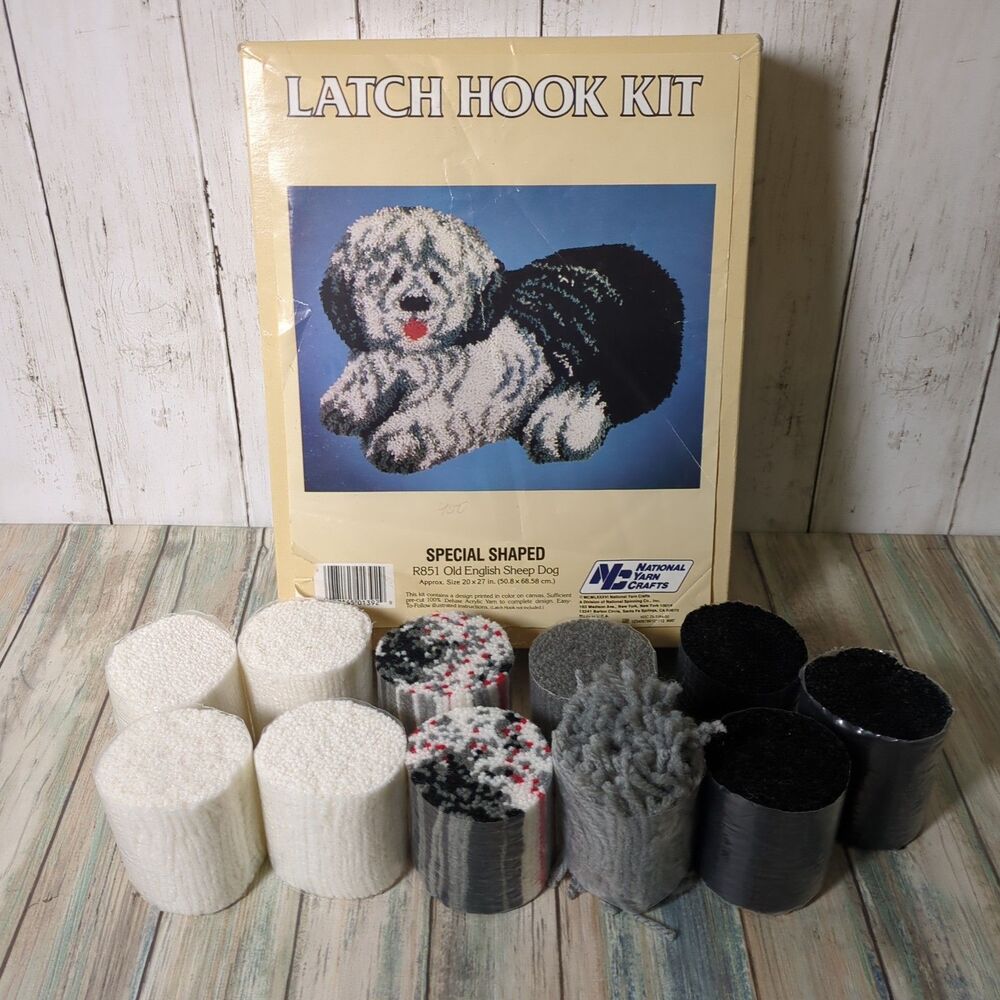Vintage Old English Sheepdog PARTIAL Latch Hook Kit Yarn Lot Fiber Craft Rug